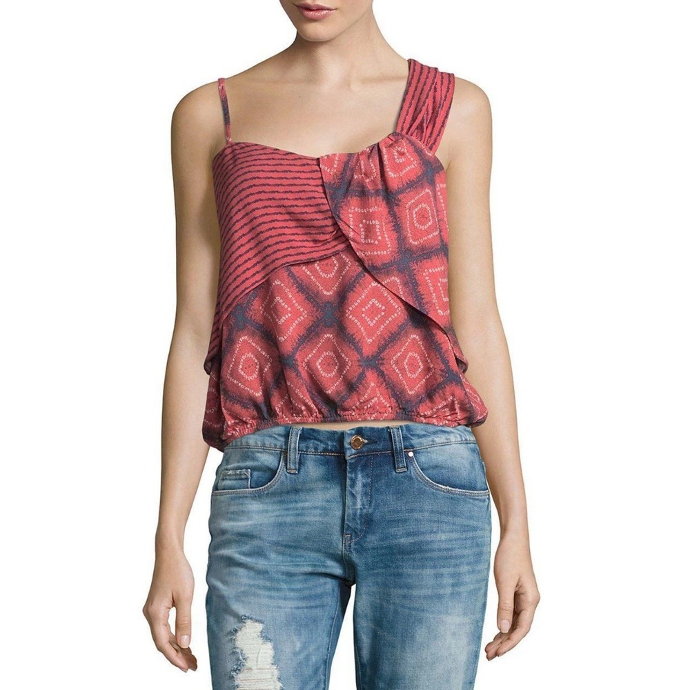 Free People Top Women's S Red Aztec Asymmetrical Shoulder Call On Me  Boho‎